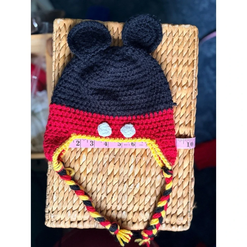 Unbranded Mickey Mouse Crochet Beanie Kids OS Black Red Yellow  Earflap